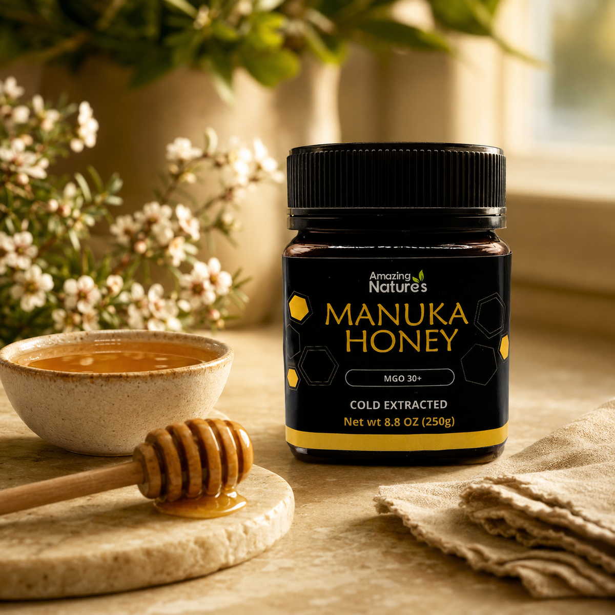Amazing Natures MGO 30+ Manuka Honey served with a honey dipper